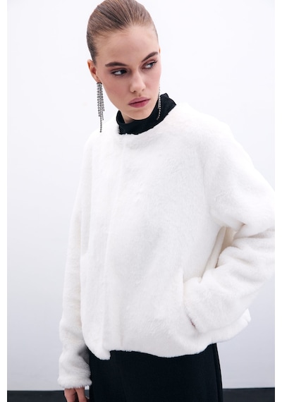 Sateen Yakasız Peluş Ceket - Ekru