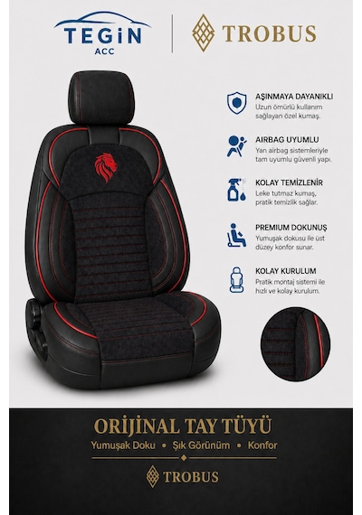 Fiat Albea 2002-2012 Araca Uyumlu Premium Tay Tüyü Koltuk Kılıfı Liona Serisi Siyah Kırmızı 31203714