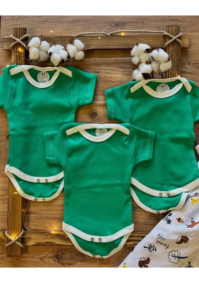 Betül Bebek Kısa Kollu 3'lü %100 Organik Pamuk Çıtçıtlı Bebek Body & Zıbın 3adet Yeşil