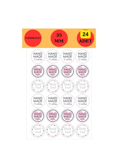 24 Adet - Handmade & Thank You Sticker - Handmade Sticker - Paketleme Sticker - Teşekkür Sticker Çok Renkli