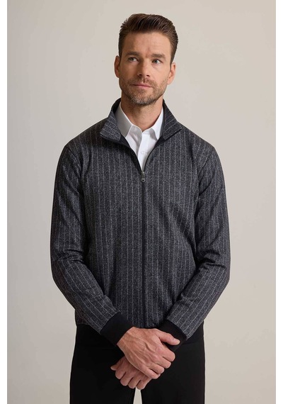 Ysf Erkek Gri Çizgili Fermuarlı Çizgi Desenli Sweatshirt