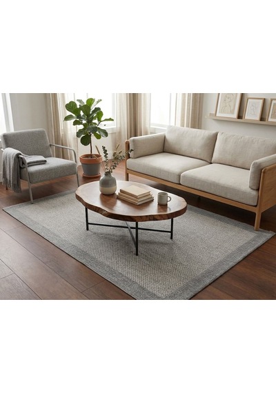 Derin Sisal Gri Bordürlü Açık Gri Jüt Sisal Dekoratif Kaymaz Taban Yıkanabilir Halı St08-1046 Renkli