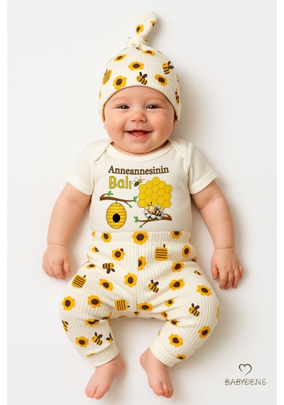 Babyden's 3 Lü Yenidoğan Takım Anneannesinin Balı Baskı Kısa Kol Body Arı Çiçek Desenli Pantolon Bere Ekru