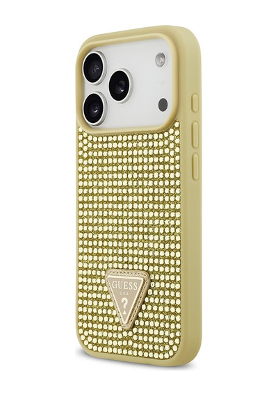 Apple Uyumlu iPhone 17 Pro Kılıf Guess Lisanslı Taşlı Arka Yüzey Üçgen Logolu Kapak Gold