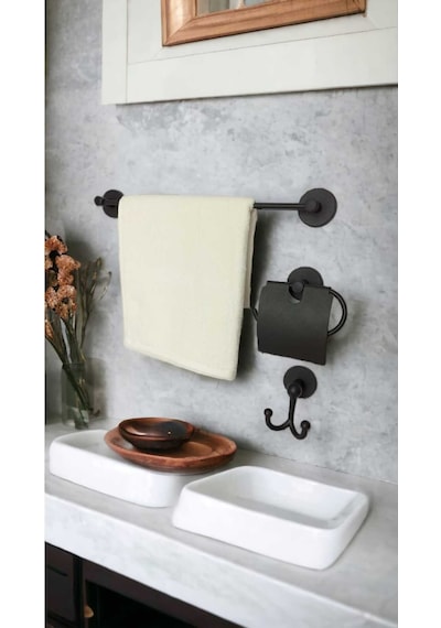 Yapışkanlı Banyo Düzenleyici Seti Havluluk, Tuvalet Kağıtlığı, Bornozluk Siyah