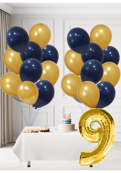 9 Yaş Sarı Lacivert Taraftar Temalı Doğum Günü Seti Altın Kozmik Lacivert Balonlar Altın Folyo Rakam Altın