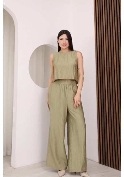Famoda Haki Sırtı Çapraz Bağcıklı Crop Bluz & Yüksek Bel Palazzo Pantolon Alt Üst Takım