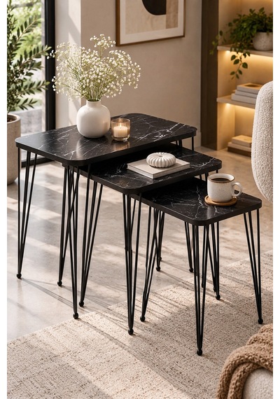 Sulorahome Siyah Mermer Desenli Metal Tel Ayaklı 3'lü Zigon Sehpa Takımı