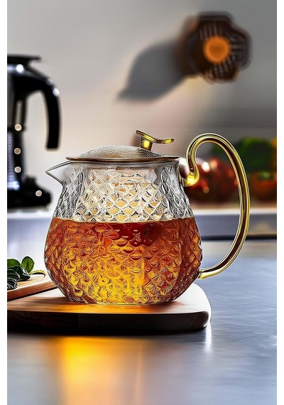 Modern Cam Demlik 550 Ml - Isıya Dayanıklı, Cam Süzgeçli Ve Altın Kulplu Çay Keyfi çok renkli