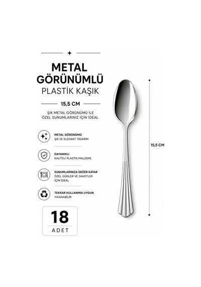 Metal Görünümlü 15,5cm Plastik Kaşık 18 Li Metalik