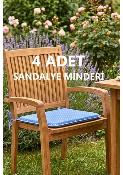 Comfort 4 Adet Sandalye Minderi Bağcıklı Özel Dikişli Süngerli Pamuklu Kumaş Sandalye Minderi Puanlı Mavi