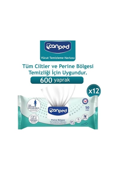 Canped Perine Ve Vücut Temizleme Havlusu, 600 Adet, 12 Paket