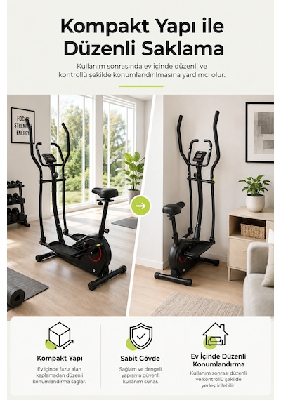 Flex 2'si 1 Arada Eliptik Kondisyon Bisikleti Nabız Ölçerli 8 Kademeli Dirençli Egzersiz Aleti Siyah