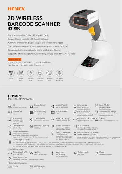 Henex H310rc 2d Kablosuz Barkod Okuyucu 2,4g + Cradle + 1.0 Mp + Bluetooth 5.0 3 In 1 Type-c Cable