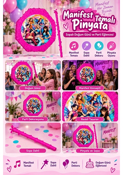 Manifest Kız Grubu Pembe Pinyata 42 Cm Sopalı Doğum Günü Parti Oyunu Ve Dekorasyon Süsü Çok Renkli