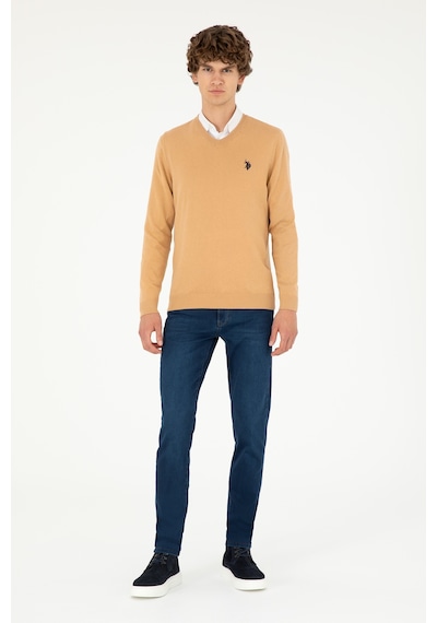 U.S. Polo Assn. Erkek Slim Fit V Yaka Camel Melanj Basic Kazak 50293512-VR122