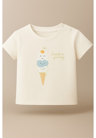 %100 Pamuklu Ice Cream T-shirt Ekru