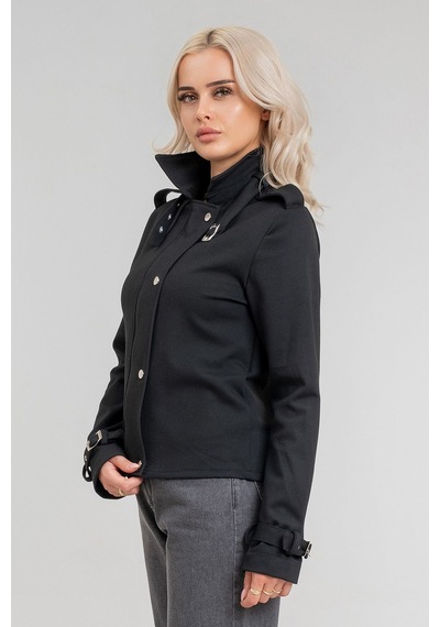 Bold & Young Kadın Viskon Polyester Likralı Kumaş Kol Ucu Toka Bantlı Kuş Gözü Aksesuarlı Çıt Çıtlı Cepli Ceket Siyah