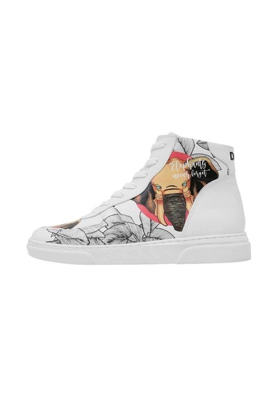 Kadın Vegan Deri Beyaz High Sneakers - Elephants Never Forget Tasarım Çok Renkli