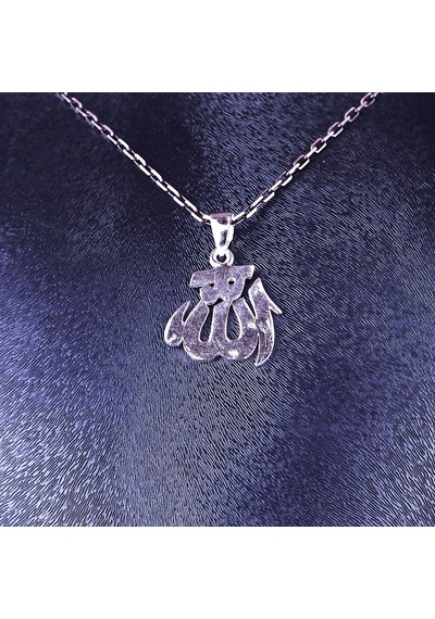 Kambo El Yapımı 925 Ayar Gümüş Allah Yazılı Zirkon Taşlı Madalyon Kolye - 50 Cm