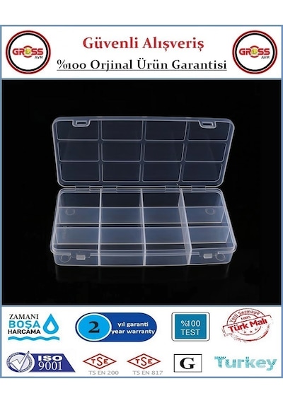Organizer Kutusu - 12 Gözlü - Vida, Dubel, Takı, Boncuk Saklama Kutusu - 20x10x3cm Şeffaf