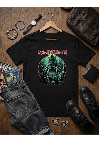 Erkek Iron Maiden Rock Metal Grubu Baskılı Pamuklu T-shirt Siyah
