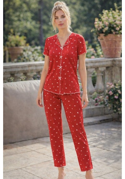 Kadın 01599 Kısa Kol Kaşkorse Pijama Takımı Kırmızı