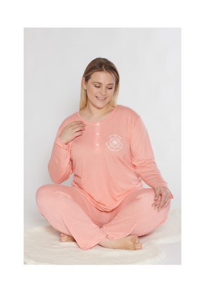 Büyük Beden Battal Uzun Kol Mevsimlik Pijama Takımı Viskon Alperi B790-38 Koyu Somon