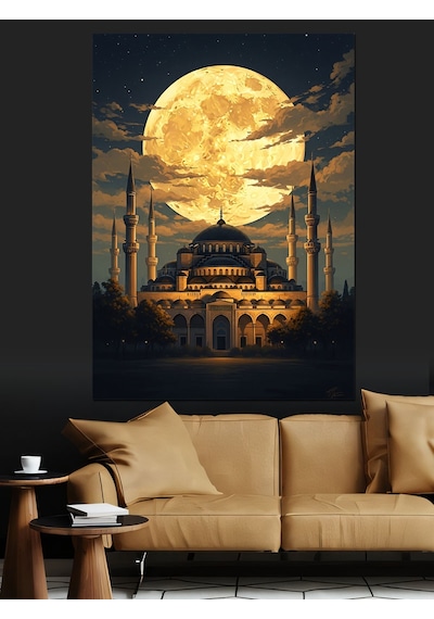Ahşap Tablo Gece Dolunay Altında Camii Görseli İnsan Figürlü Tablolar