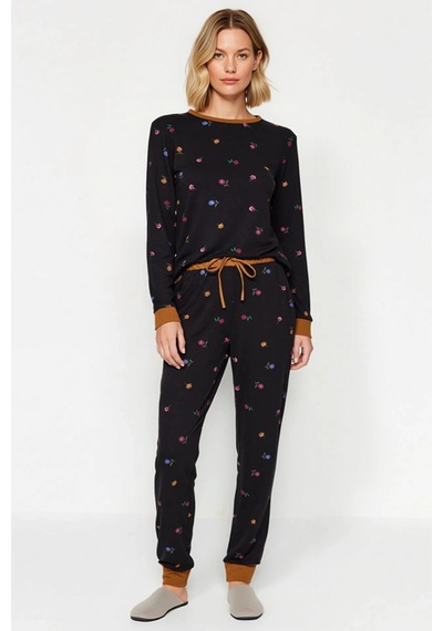Benerly Kadın Bisiklet Yaka Standart Kol Çiçekli Örme Pijama Takımı Fonks Siyah