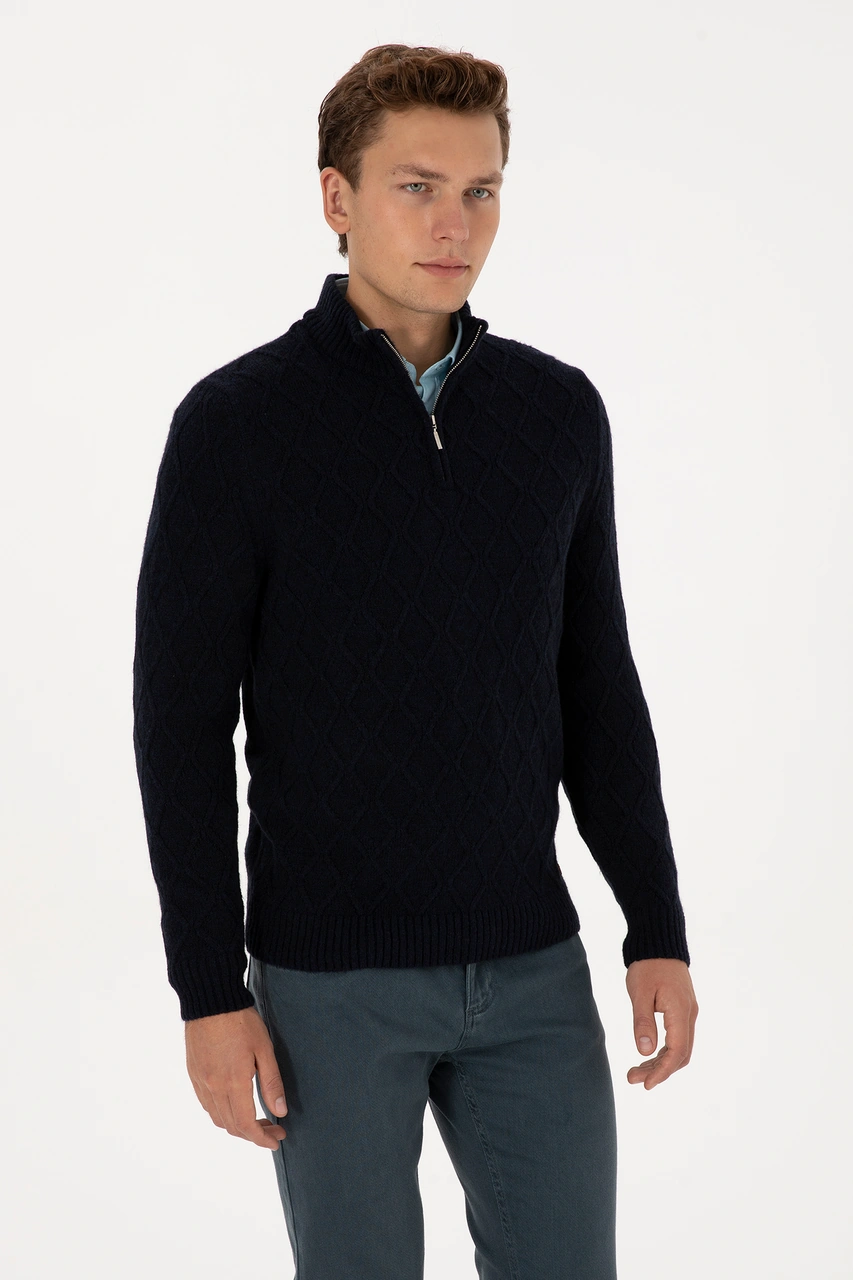 U.S. Polo Assn. Erkek Regular Fit Yarım Fermuarlı Desenli Lacivert Kazak 50315035-VR033