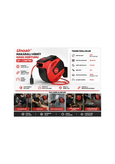 Unoair 10 Bar Otomatik Makaralı Hibrit Hava Hortumu 20+2 Metre