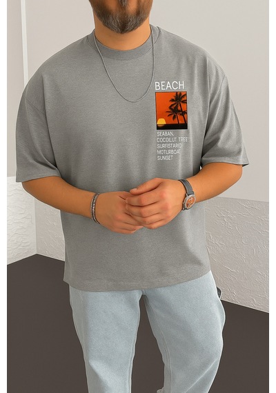 Beach Baskılı Oversize Unisex Tişört Gri
