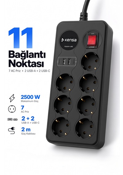 Akım Korumalı Priz 7'li + 2x Usb-a + 2x Usb-c 2 Metre Kablo 2 M