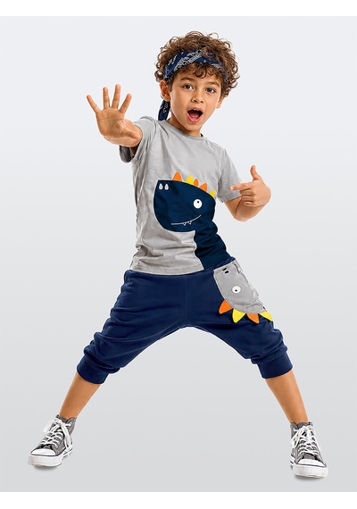 Fermuar  Dino  Erkek  Çocuk  Yazlık  T-shirt  Kapri  Şort  Takım