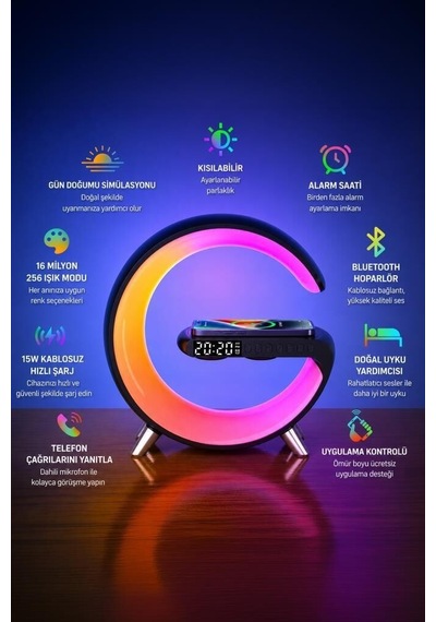 Ses Cihazı Teknolojik Ürün Müzik Bluetooth Hoparlör Şarjlı Saat Masa Lambası G1 3in1