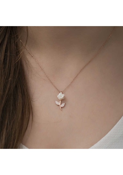Gümüş Rose Beyaz Gül Kolye Altın