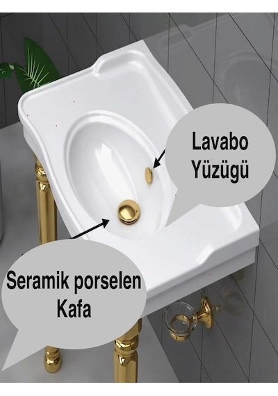 Pop Up Sifon Taşma Delikli Porselen Kafa Gold Renk Sifon Ve Gold Renk Lavabo Yüzüğü Lavabo Sifonu
