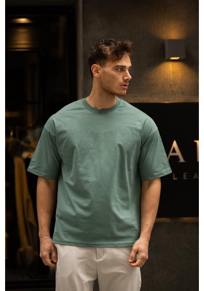 Gravel Oversize Bisiklet Yaka Pamuklu T-shirt - Su Yeşili Su Yeşili