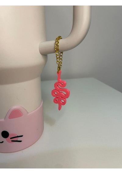 Yılan Model Quencher Termos Bardak Aksesuarı Zincirli Dekoratif Süs Pembe