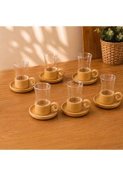 12 Parça Çay Seti - Bambu Bardak Altığı - Çift Cidarlı Cam - 150 Ml Diğer