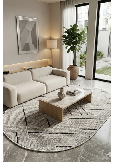 Modern Oval Halı Bambu Dokulu Kaymaz Taban Yumuşak Salon Yatak Odası Halısı Gri 5000