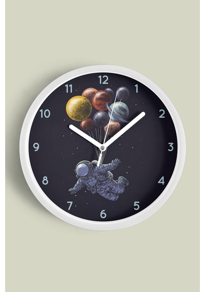 Uzay - Astronot - Gezegen Temalı Modern Duvar Saati - Çocuk Odası - 30cm - Önü Camlı Beyaz Kasa Beyaz