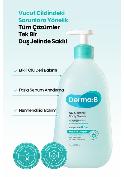 Akneye Eğilimli Ciltlere, Arındırıcı, Yağ-nem Dengesi Sunan Duş Jeli Derma:b Ac Control Body Wash Beyaz Sabun