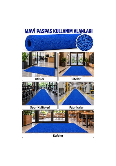 Hortumtech Kıvırcık Paspas Kir Tutucu Pvc Kapı Önü İç Dış Mekan Eko 12 Mm - Mavi 100 X 900 Cm