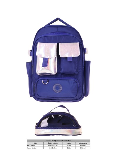 Kaukko Navy Blue Silver Kız Çocuk Lacivert - Gümüş Okul Sırt Çantası Ve Kalem Çantası Seti - Setkk-k1861c