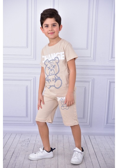 Veramoni Unisex Change Baskılı Çocuk Kısa Kol Yazlık Beli Lastikli Cepli Şort Alt Üst Takım Bej