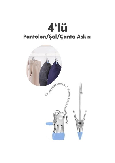 4'lü Askı Paslanmaz Çelik Pantolon,şal,atkı,çanta Askısı Mandallı Askılık Metal Metalik Cn Diğer