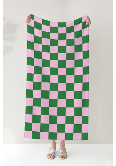 Damalı Kareli Pembe Yeşil Plaj Havlusu - Modern Retro Geometrik Hızlı Kuruyan Mikrofiber Havlu Örtü Çok Renkli