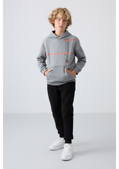 Tommylife Gri Melanj Pamuklu Kalın İçi Tüylü Standart Fit Baskılı Erkek Çocuk Sweatshirt - 11239